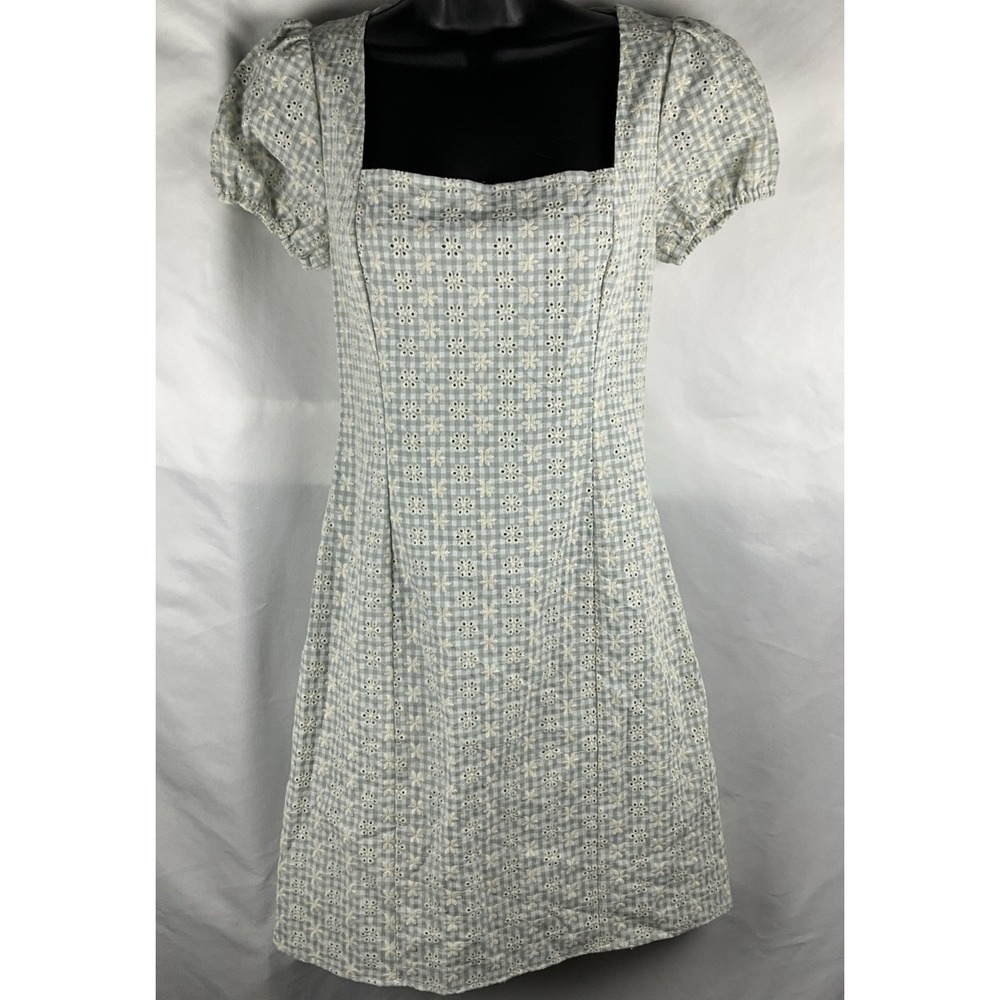 Hem & Thread Women's Small Gingham Embroidered Light Blue/ Gray Dress Tie Back